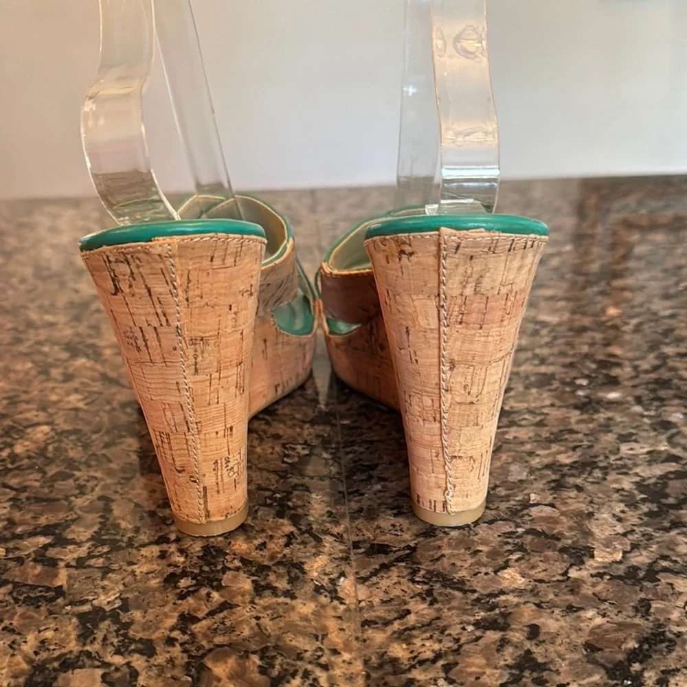 Calvin Klien teal cork Wedges NWOT 9M